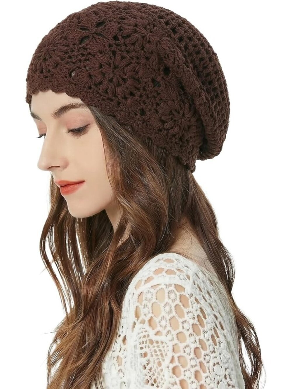 Women's Cotton Crochet Slouchy Beanie Hat Knit Summer Skull Cap Solid Brown